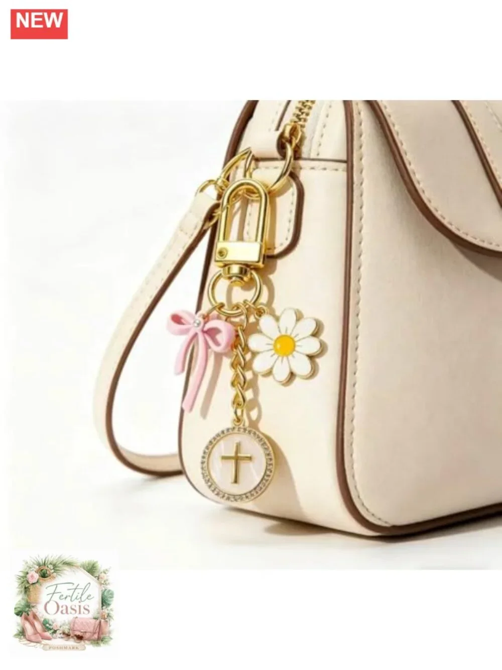 Cross Keychain Bag Charm with Pink Bow and Daisy Flower